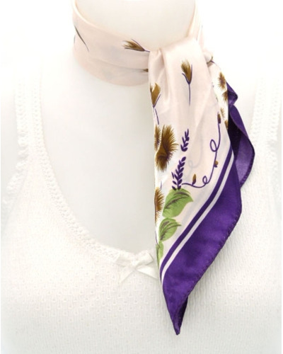 Carré satin - Fond rose poudré - Fleurs marrons - Bordure violette
