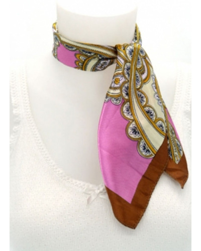 Carré satin - Fond fushia - Grandes arabesques oranges - Bordure marron