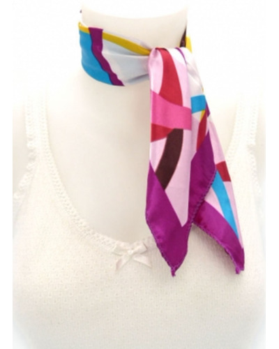 Carré satin - Fond blanc et rose poudré - Rubans bleus, jaunes et fushia - Bordure violette