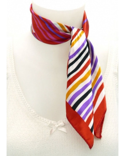 Carré satin - Fond blanc - Rayures fines rouges, roses, violettes et noires - Bordure rouge