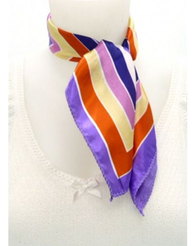 Carré satin - Fond violet - Rayures épaisses oranges, jaunes et roses - Bordure violette