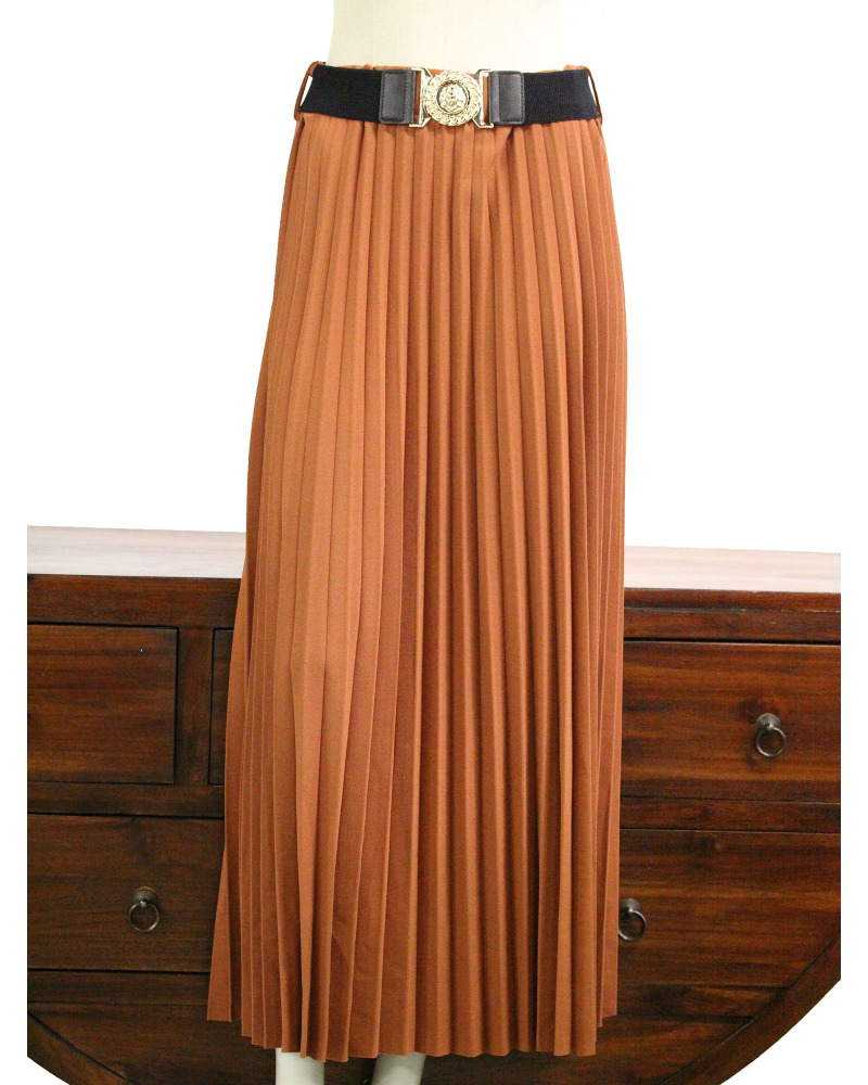 TU (max. 40) - Jupe plissée + ceinture - 45% visc. Couleur:OR. Terra cotta foncé