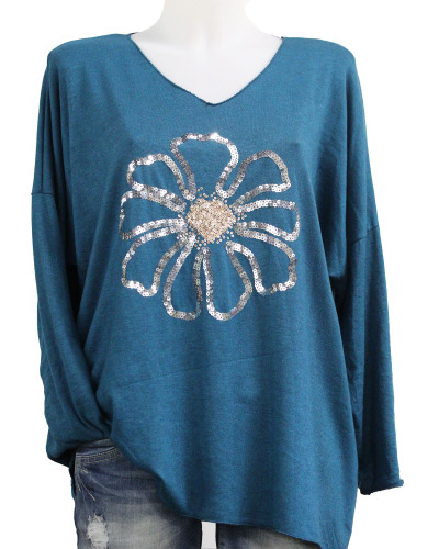 TU (max. 44) - Haut - 50% visc. - fleur sequins Couleur:B. Canard