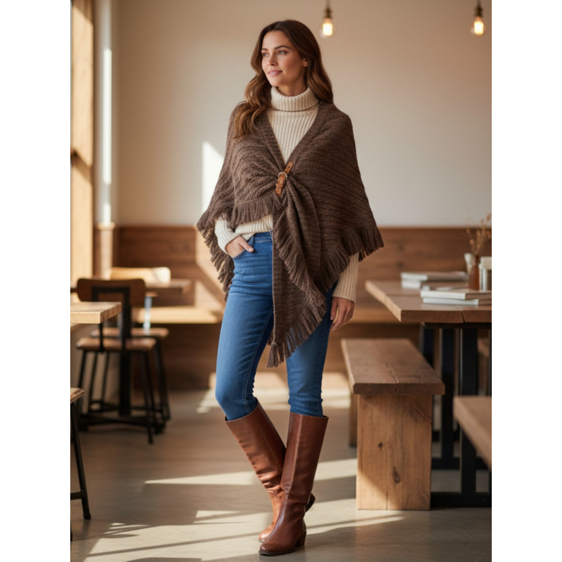 Poncho maille t. dorée franges - 80% visc. / 20% laine Couleur:CH. Chocolat