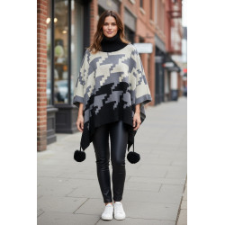 Poncho col haut - 20% laine - impr. pied de poule 