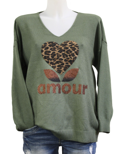 TU (max. 42) - Pull "amour" coeur léopard Couleur:V. Kaki clair