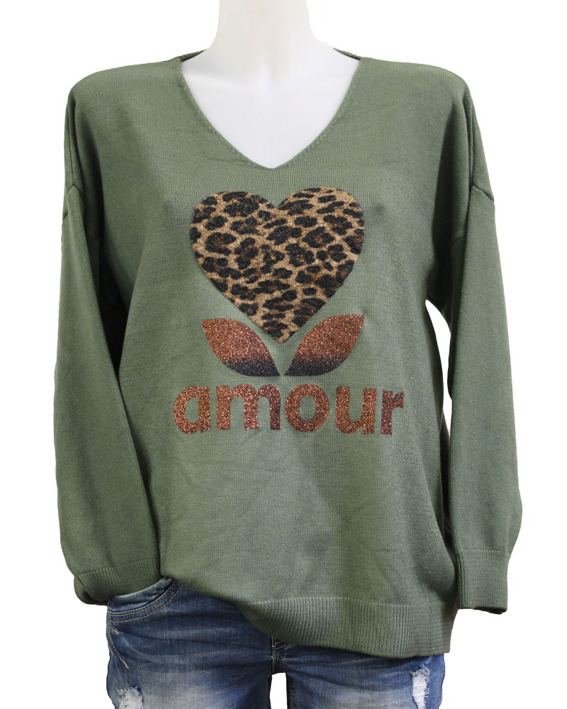 TU (max. 42) - Pull "amour" coeur léopard Couleur:V. Kaki clair