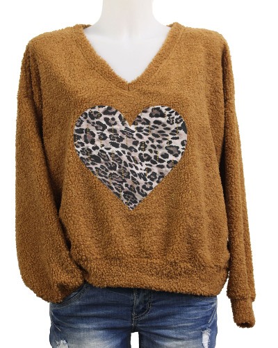 TU (max. 42) - Pull bouclette coeur léopard & pluie de strass Couleur:CH. Chataigne 