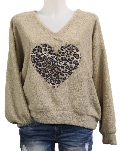 TU (max. 42) - Pull bouclette coeur léopard & pluie de strass Couleur:CR. Taupe clair