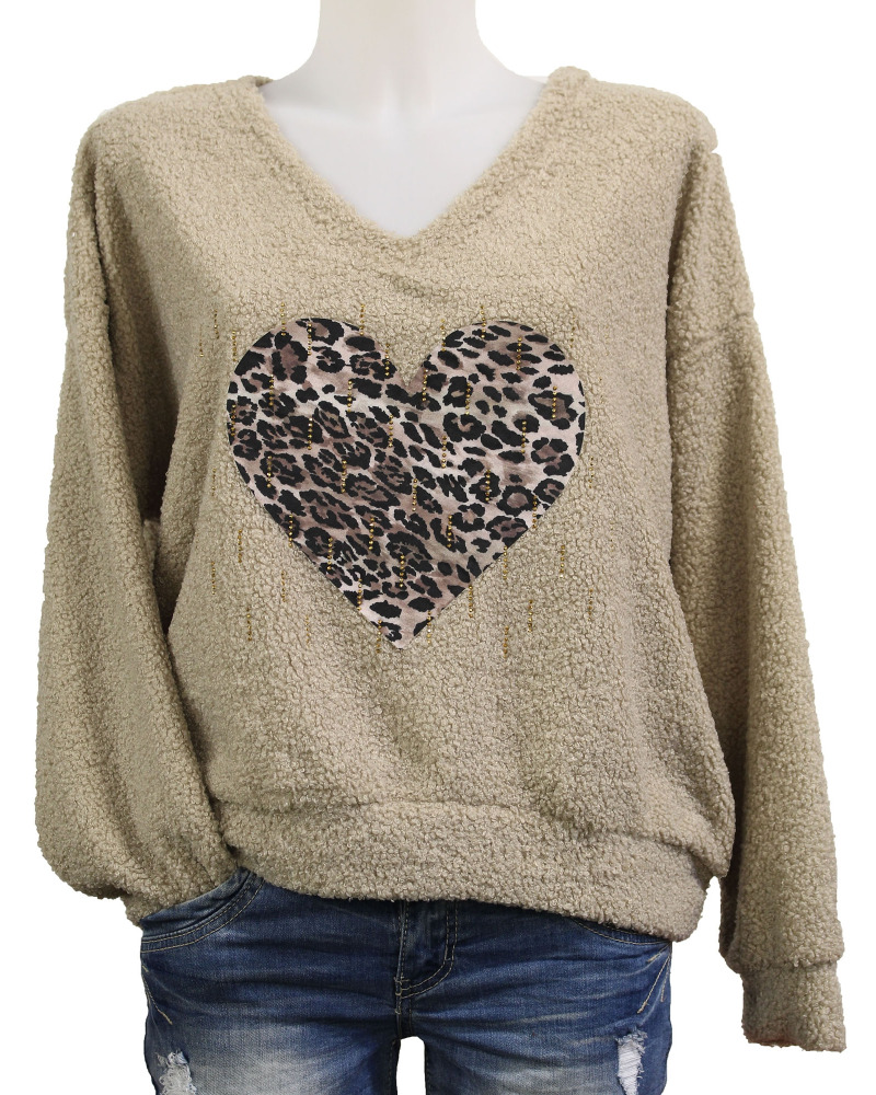 TU (max. 42) - Pull bouclette coeur léopard & pluie de strass Couleur:CR. Taupe clair