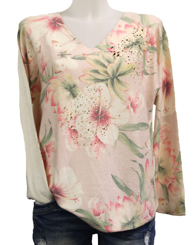 TU (max. 42) - Pull col V pépites d. - fleurs 