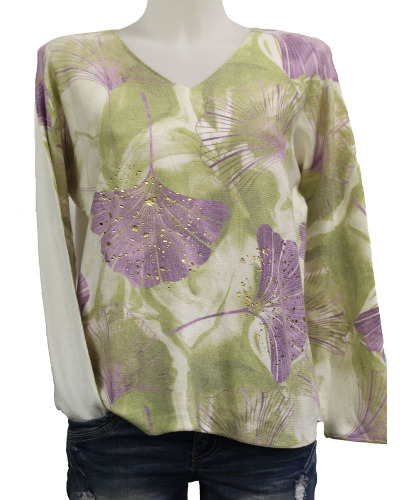 TU (max. 42) - Pull col V pépites d. - feuilles ginko 