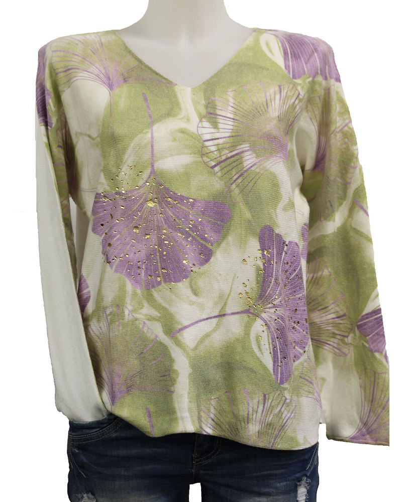 TU (max. 42) - Pull col V pépites d. - feuilles ginko 