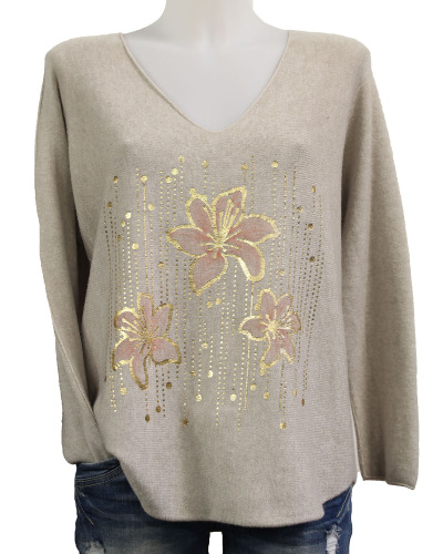 TU (max. 42) - Pull col V pépites d. - fleurs dorées Couleur:CR. Taupe clair