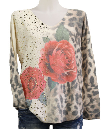 TU (max. 42) - Pull col V pépites d. - léopard & roses 