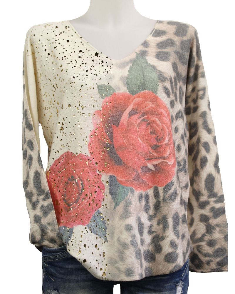 TU (max. 42) - Pull col V pépites d. - léopard & roses 