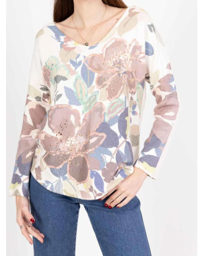 TU (max. 42) - Pull col V pepites dorees - 50% visc. - fleurs 
