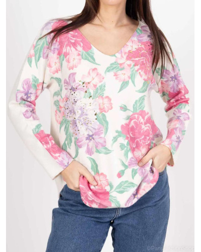 TU (max. 42) - Pull col V pepites dorees - 50% visc. - fleurs 