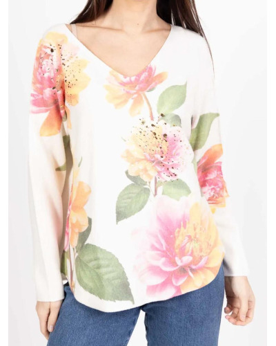 TU (max. 42) - Pull col V pepites dorees - 50% visc. - fleurs 