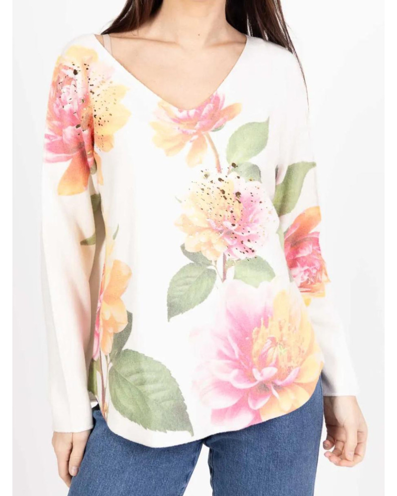 TU (max. 42) - Pull col V pepites dorees - 50% visc. - fleurs 