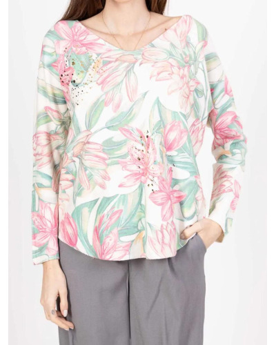 TU (max. 42) - Pull col V pepites dorees - 50% visc. - fleurs 