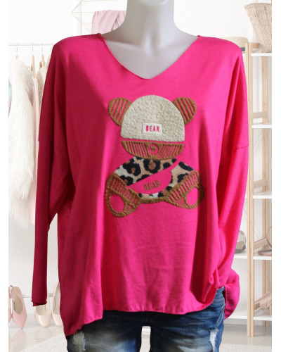 TU (max. 44) - Pull fin col V - 50% visc. - ourson Couleur:RE. Fushia
