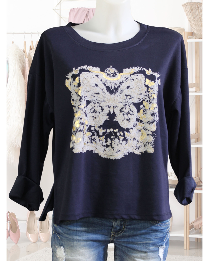 TU (max. 40) - Pull fin - 60% visc. - ornement papillons Couleur:B. Marine