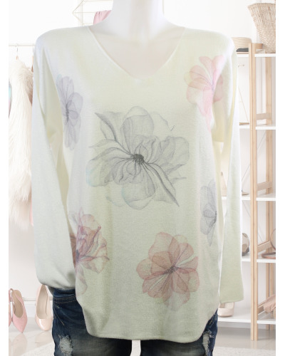 TU (max. 42) - Pull col V - 50% visc. - fleurs 