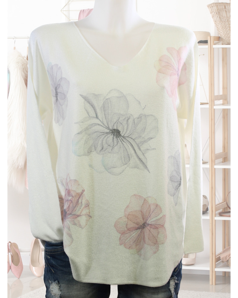 TU (max. 42) - Pull col V - 50% visc. - fleurs 