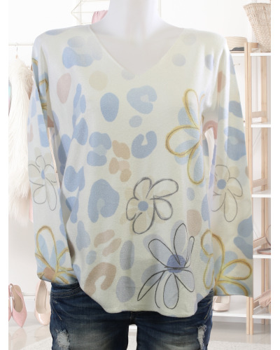 TU (max. 42) - Pull col V - 50% visc. - fleurs 