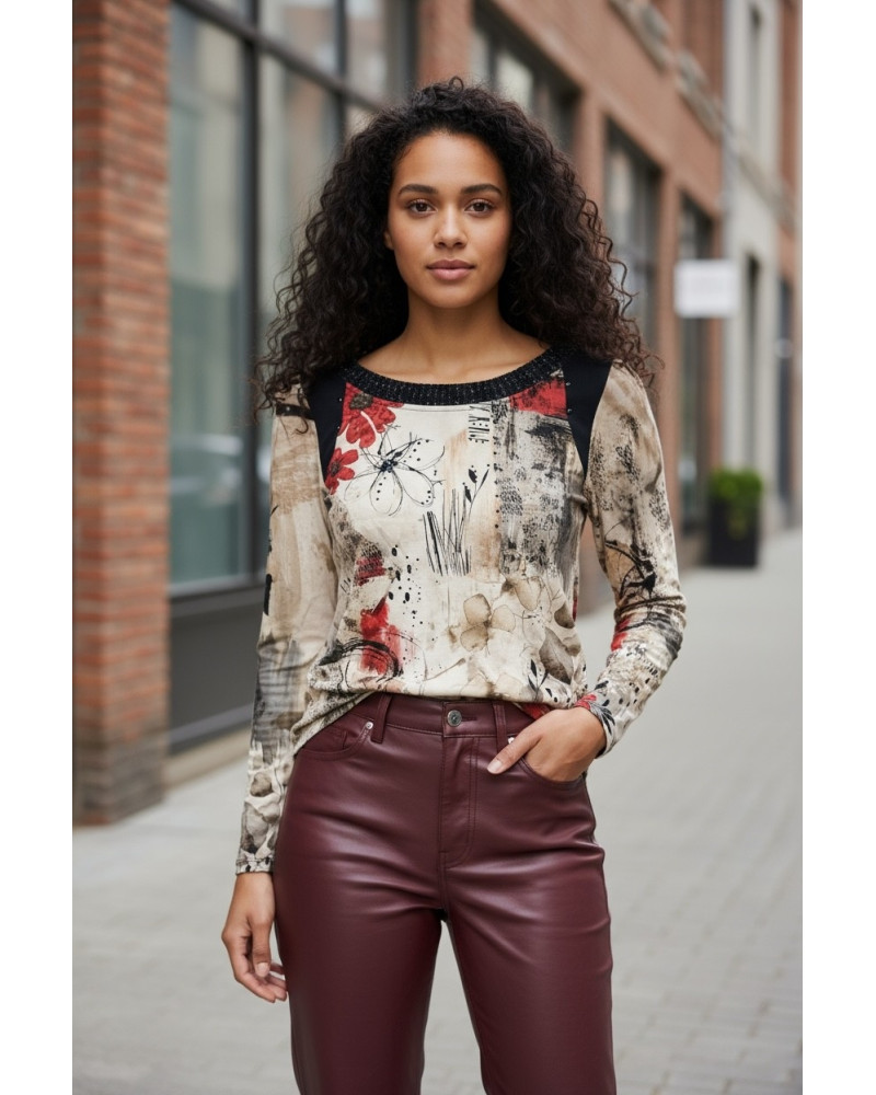 Kalisson - M au XXL - Haut impr. florales Col Brill. - 100% cot. 