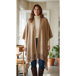 TU (max. 44) - Veste Poncho Brill. à frange Bout. Sur Cotés Couleur:CH. Camel