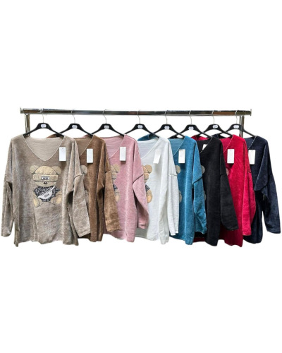 TU (max. 46) - Pull fin Col V Nounours - Effet Velours 