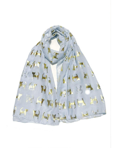 Foulard chats dorés brillants - 70% visc. / 30% cot. Couleur:B. Ciel Clair