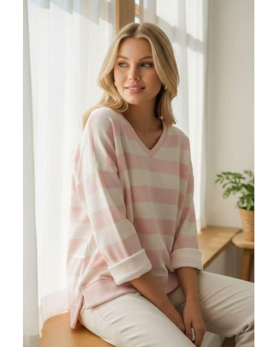 TU (max. 48) - Pull fin Rayé Col V Manches Courtes - 50% Visc. 