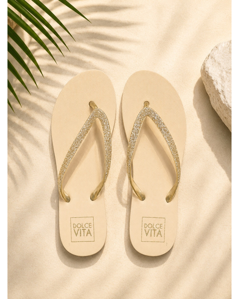 Tongs Beige crème à Brides Strass Dorées Femme | Sandales Chic Été