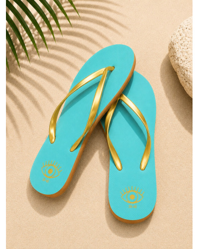 Tongs Turquoise à Brides Dorées Femme | Sandales Élégantes et Confortables