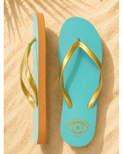 Tongs Turquoise à Brides Dorées Femme | Sandales Élégantes et Confortables