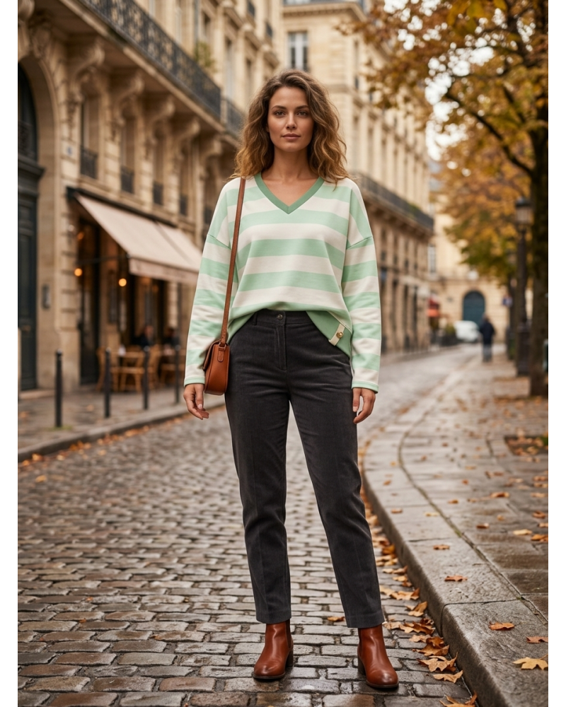 XXL - Col V pull Rayé- 73% poly / 22% visc / 5% elast Couleur:V. Vert