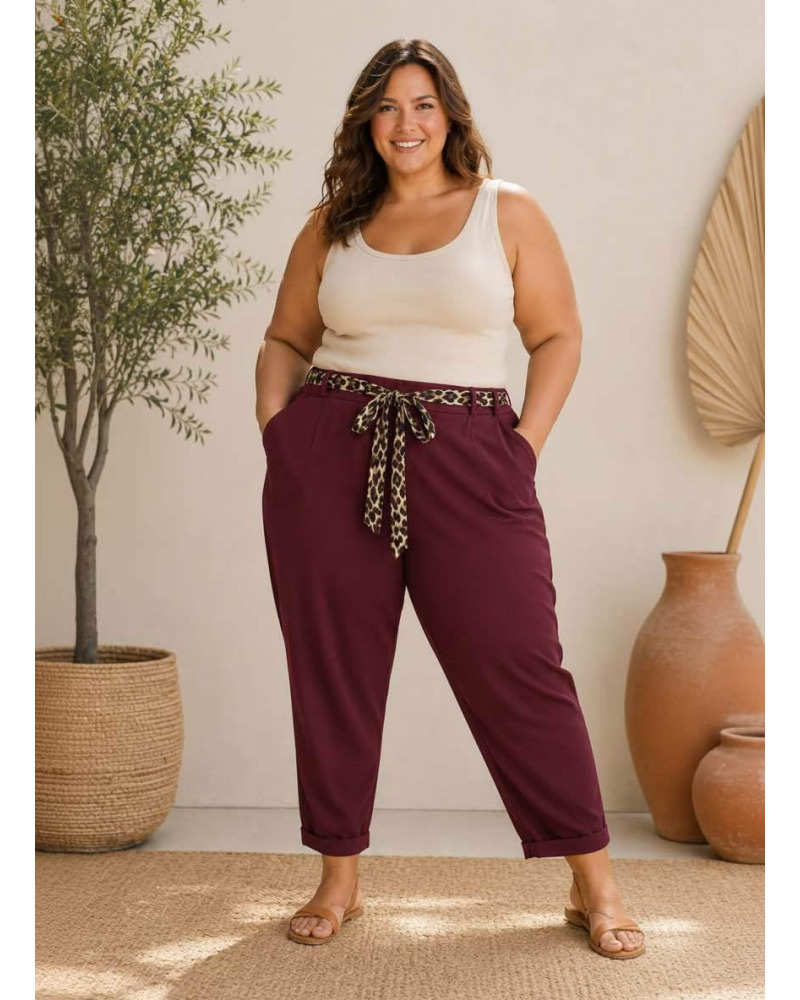 T1-T6 (38/52) - 33% viscose / 65% cot / 2% elast - Pantalon Grande Taille Vendu Avec Ceinture Couleur:RO. Bordeaux