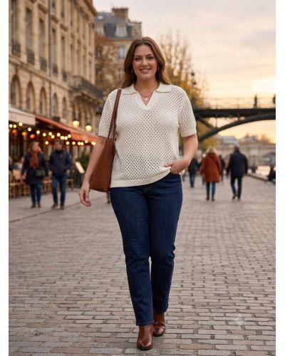 S-M-L-XXL - Col V Brill. Haut à trous - 65% cot./35% acry. Couleur:CR. Ecru Taille:XXL