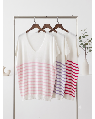 TU(Max 44) - Col V Pull à Rayures - 50% visc. 28% polye./ 22% polia Couleur:RE. Rose