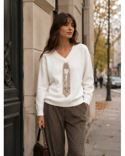 TU(max 42) -Col V Pull Motif cravate - 95% visc./ 5% elast. 