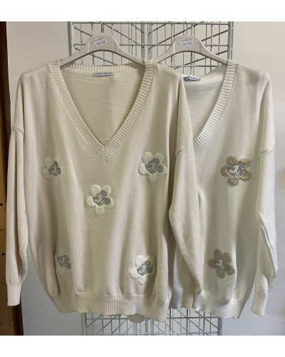 TU(max 44) - Col V Pull Impr. Floral - 95% visc./5% élast. Couleur:D. Blanc
