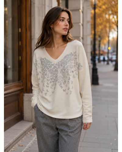 TU(max 44) - Col V Pull Impr. Papillon - 95% visc./5% élast. 