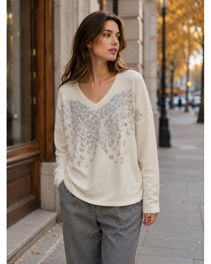 TU(max 44) - Col V Pull Impr. Papillon - 95% visc./5% élast. 