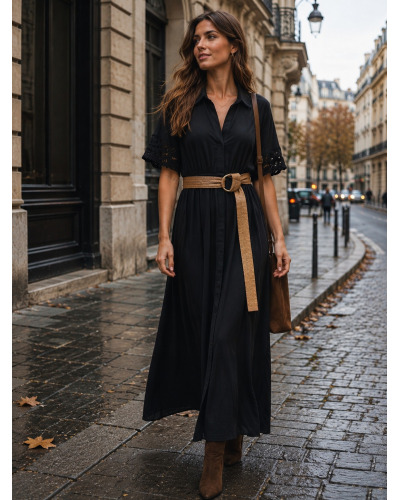 S-M-L Robe Longue Unie à Bout. - 30% lin/ 70% visc. Couleur:B. Marino Taille:S