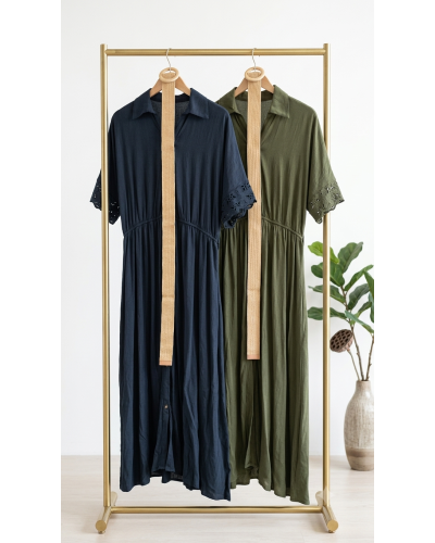 S-M-L Robe Longue Unie à Bout. - 30% lin/ 70% visc.  