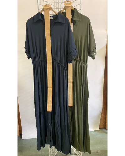 S-M-L Robe Longue Unie à Bout. - 30% lin/ 70% visc.  