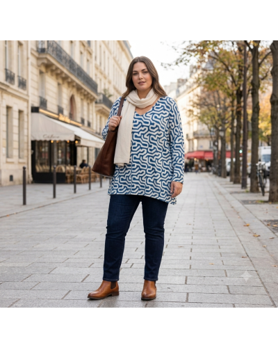 GTU (Max 46) - Col V Impr. graphique Tunique - 50% visc/ 45% polia / 5% elast. Couleur:B. Jean